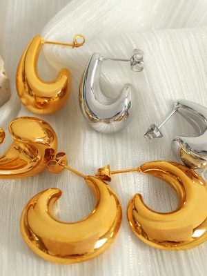 Stainless Steel Crescent Hollow Earrings Simple Glossy Stud Earrings C- Shaped Earrings