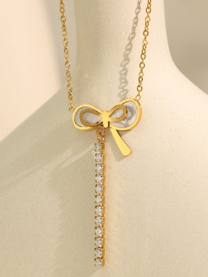 Stainless Steel Ornament Necklace Female Shell Bow Tassel Rhinestone Advanced Clavicle