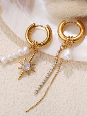 New Stainless Steel Plated 18K Gold Earrings Irregular Freshwater Pearl Inlaid Zircon Eight Awn Star Earrings for Women