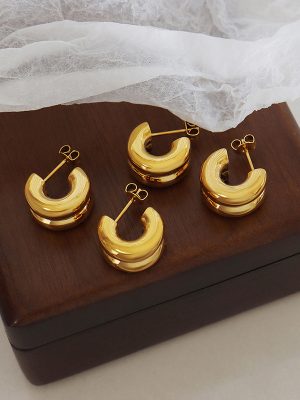 C- Shaped Earrings Women's 18K Gold Plating Stud Earrings Minimalist Retro Stainless Steel Non-Fading Accessories Non-Fading Earrings