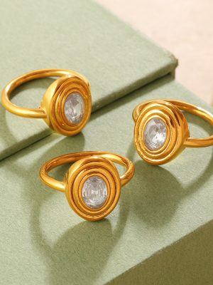 Retro Metal Oval Zircon Ring Stainless Steel 18K Gold Plating Minimalist Spiral Pattern Female