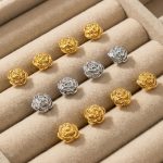 18K Real Gold Plated Rose Flower Stud Earrings Vintage French Romantic Flower Stainless Steel Earrings