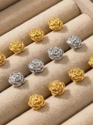 18K Real Gold Plated Rose Flower Stud Earrings Vintage French Romantic Flower Stainless Steel Earrings