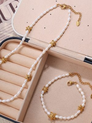 Elegant Girls Stainless Steel Freshwater Pearl Necklace Electroplated 18K Gold Starfish Bracelet for Women