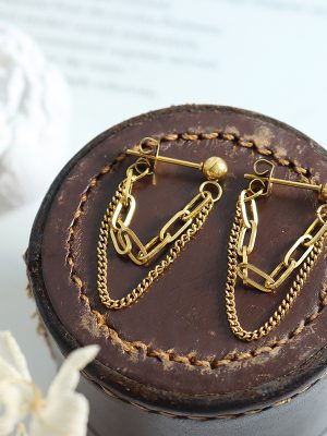 Cold Trendy Non-Fading Tassel Double-Layer Chain Earrings Stainless Steel Gold-Plated Stud Earring F317