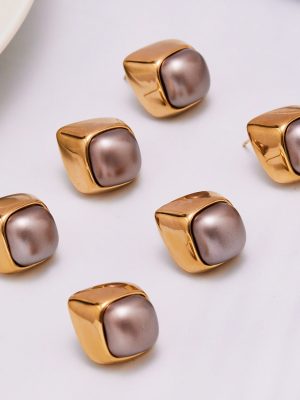 High Quality Square Gray Plastic Beads Stainless Steel Studs 18K Gold Plating Gentle Temperament Wild Women's Earrings