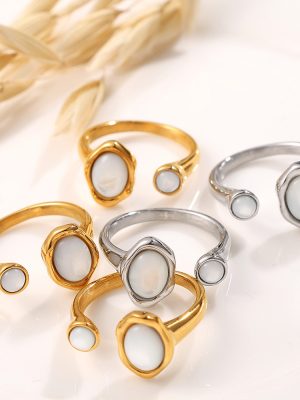 18K Gold Freshwater White Shell Open Ring Design Advanced Ring Vintage Ring