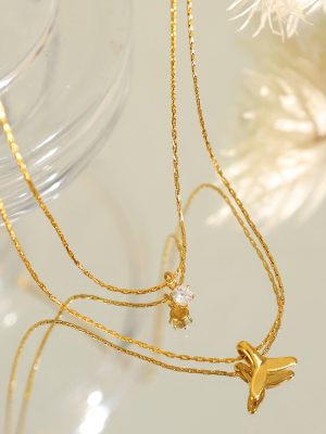 High-Grade Double-Layer All Match Tassel Clavicle Chain S Chain Fishtail Design Necklace Zircon Pendant for Women