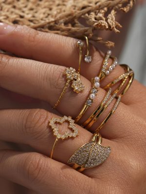 Super Flash 5A Zircon Geometric Open Love Heart Flowers Full Diamond Ring Popular Index Finger Ring Combination