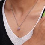 Geometric Square Inlaid Pink Zircon Pendant Necklace Female Gentle Clavicle Chain Stainless Steel Material