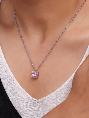 Geometric Square Inlaid Pink Zircon Pendant Necklace Female Gentle Clavicle Chain Stainless Steel Material