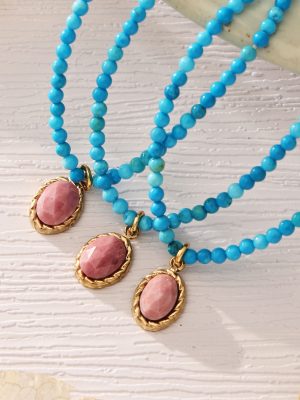 Natural Turquoise round Beads Handmade Beaded Necklace Twin Devil's Eye Pendant Stainless Steel Necklace