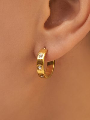 Popular Ornament C- Shaped Zircon Earrings Simple and Cool 18K Gold Plated Stainless Steel Earrings Earring round
