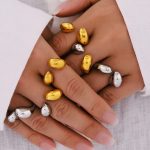 Personalized Golden Water Drop Open Ring Stainless Steel PVD Plating 18K Real Gold Ornament