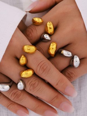 Personalized Golden Water Drop Open Ring Stainless Steel PVD Plating 18K Real Gold Ornament