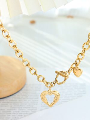 Marka French Style Plaid Peach Heart OT Buckle Love Necklace Female Clavicle Chain Stainless Steel 18K Gold Accessories P1045