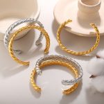 New Twist Open-Ended Bracelet Stainless Steel Plated 18K Gold Inlaid Rhinestone Jewelry