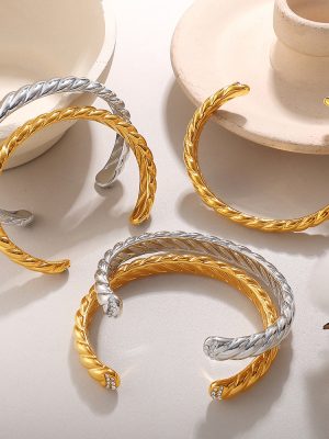 New Twist Open-Ended Bracelet Stainless Steel Plated 18K Gold Inlaid Rhinestone Jewelry