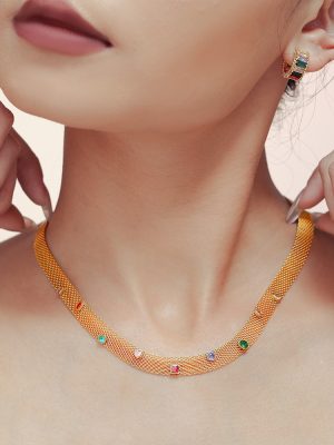 Mesh Chain Ribbon Geometric Colorful Zircon Necklace, Bracelet Set Stainless Steel PVD Electroplating Non-Fading Ornament