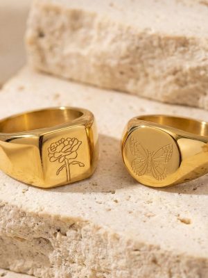 Butterfly Camellia Ring More Sizes Combination 18K Gold Plating Middle Ancient Temperament Stainless Steel Index Finger Ring
