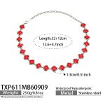color: TXP611-Red Glass Stone Flower Steel Color Necklace -32+2cm
