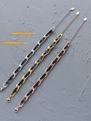 Ornament Personality Leather Rope Chain Bracelet Female Stainless Steel 18K Gold Bracelet Couple E200