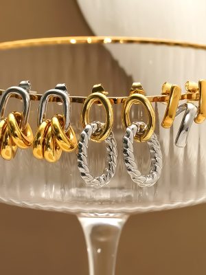 Oval Color Matching round Ring Earrings Women's Vintage Gold and Silver Twist Chain Earrings