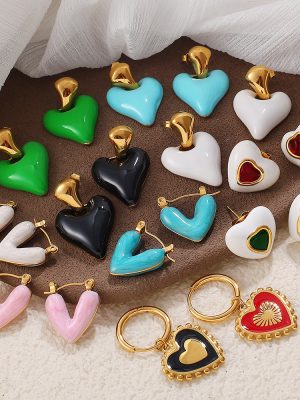 Exquisite Sweet Sweet Cool Dripping Oil Love Heart Earrings Female Stainless Steel Advanced All-Matching Graceful Freshess Earrings