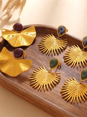 Retro Golden Fan-Shaped Natural Stone Earrings Stainless Steel Plated 18K Gold Sun Pattern Design Earrings