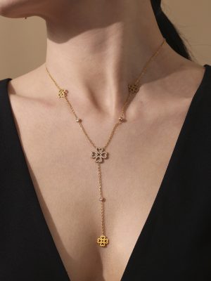 New Heart-Shaped Zircon Lucky Four-Leaf Flower Tassel Clavicle Necklace Bracelet Stainless Steel 18K Gold Plating