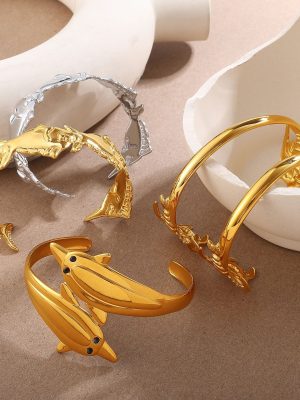 Vacation Light Luxury Fish Open-Ended Bracelet Stainless Steel 18K Gold Plating C- Shaped Female