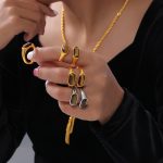 Maillard Retro Personality Geometry Ornament Light Luxury Inlaid Tigereye Design Stainless Steel Gold-Plated Ring