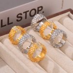 Inlaid Gang Drill Woven Texture Ring Vintage Design Stainless Steel Plated 18K Real Gold Ornament Women