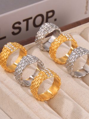 Inlaid Gang Drill Woven Texture Ring Vintage Design Stainless Steel Plated 18K Real Gold Ornament Women