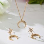 Court Full Zirconium Crescent Pendant Clavicle Chain Eight Awn Star Earrings Plated 18K Real Gold Simple Vintage Jewelry
