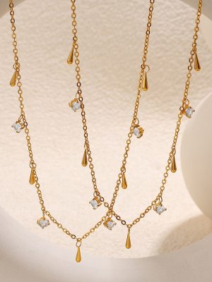 Gentle Sweet Zircon-Inlaid Pendant Necklace Stainless Steel 18K Gold Plating Summer Flash Clavicle Chain