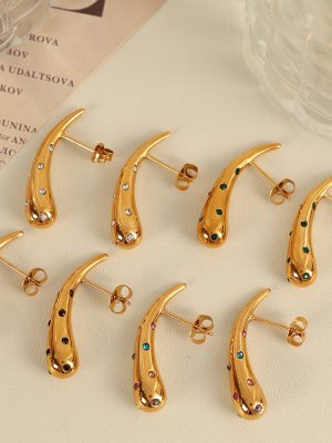 Personalized 18K Gold Plating Diamond-Embedded Stainless Steel Drop-Shaped Earrings Women's Light Luxury All-Match Temperamental Stud Earrings