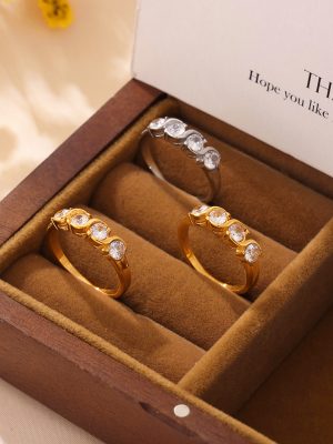 Inlaid Single Row Zircon Ring Plated 18K Real Gold Color Cold Court Stainless Steel Ornament Women