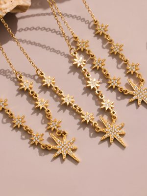 18K Gold Zircon More than Eight Awn Star Accessories Clavicle Necklace Stainless Steel Temperament Wild Jewelry Women's Non-Fading