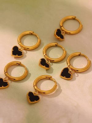 Natural Black Agate Love Small Ear Ring Design Temperament Earrings Stainless Steel Color Retention Girls Earrings