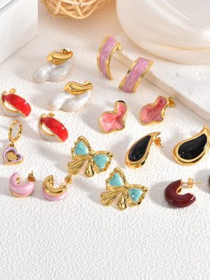 Light luxury women's oil-drip stainless steel earrings, elegant high-end bowknot ear ornaments, design ear studs in heart shape.