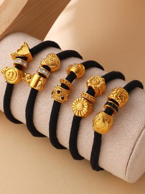 Retro Love Smiley Face Embossed Design Diamond Spacer Beads Gold Beaded Hair Ring All-Match High-End Hair Accessories