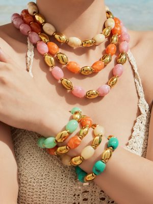 Personality Trendy Oval Resin Collar Stainless Steel Gold-Plated Retro Light Luxury Necklace, Bracelet Set Women