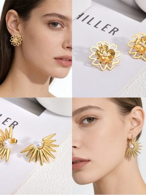Gold pearl stainless steel earrings, exaggerated earrings, light luxury, high-end retro stud earrings for women, suitable for commuting.