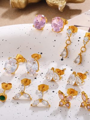 New Butterfly Water Drop Shape Earrings Stainless Steel 18K Gold Plating Inlaid Zircon Daily Earrings