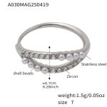 color: A030-Steel Color White Rhinestone Shell Pearl Ring / size: US 7