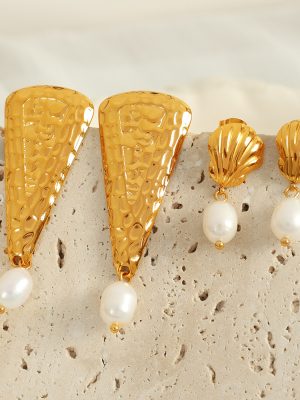 Ocean Imitation Pearl Handmade Ornament Shell Texture Earrings Design Plated 18K Stainless Steel Earrings All-Match Female