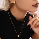 Stainless Steel Natural Fritillary Heart Shape Clavicle Necklace Ear Stud Exquisite Gift Set for Women