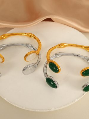 Bilateral Oval Opal Open Irregular Bracelet Stainless Steel Plated 18K Vintage Jewelry
