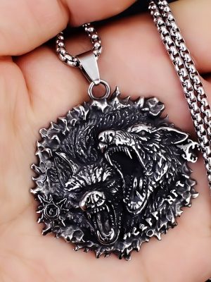 Nordic Viking Personality Double Wolf Rune Stainless Steel Necklace and Pendant Summer Versatile Men's Decoration